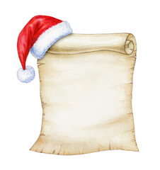 Old paper manuscript or papyrus scroll, with Santa Claus cap, isolated on white background. Watercolor illustration.