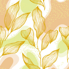 Sketch style doodle line texture leaves over stains and dots seamless vector pattern organic design.