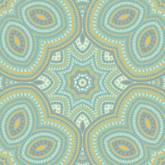 Moroccan traditional mosaic vector seamless pattern. Batik print design. Vintage tunisian ornament. Wall decor design. Circles and lines elements texture.