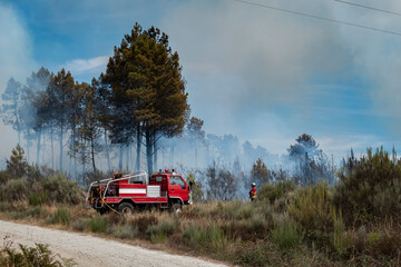 Bombeiros com o seu camião na luta de um incêndio florestal que arde e já queimou parte da...