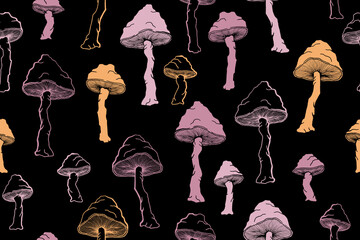 Amanita choky inedible mushrooms seamless pattern vector illustration.