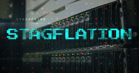 Image of data processing and stagflation text over server room