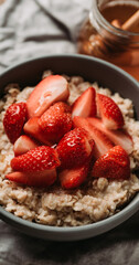 Oatmeal with red ripe strawberries and honey in the bowl. Selective focus.