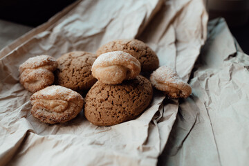Bakery products. Homemade cookies with sugar on a paper background. Background image, copy space.