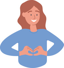 A happy smiling person gestures a heart sign with his hands. Approval, like, love concept. Body language, nonverbal communication, positive emotion and face expression. Vector illustration isolated