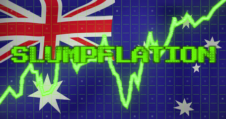 Obraz premium Image of data processing and slumpflation text over flag of australia
