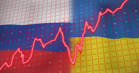 Image of data processing and stagflation text over flags of russia and ukraine