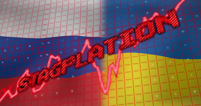 Image of data processing and stagflation text over flags of russia and ukraine