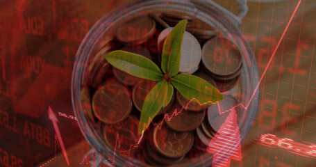 Image of data processing over jar of coins