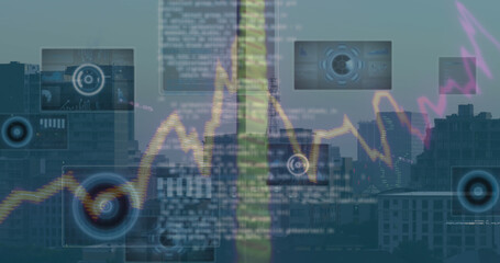Image of data processing over cityscape