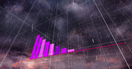 Image of statistical data processing over thunderstorm and rain falling against dark clouds