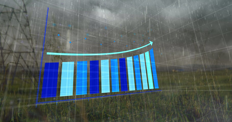 Image of statistical data processing over thunderstorm and rain falling over mobile towers