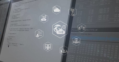 Image of network of digital icons over data processing against blue background