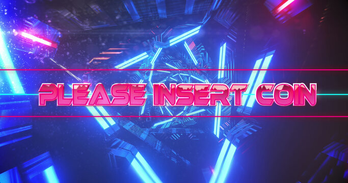 Image Of Please Insert Coin Text Banner Over Neon Blue Tunnel In Seamless Pattern