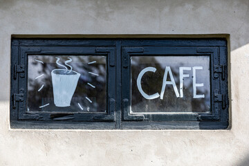 Copenhagen, Denmark A cafe sign in a small window.