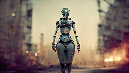 Fototapeta na wymiar Scary robot woman android. Old metal, mechanisms, gears
