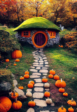 small fairy tale hobbit house, old fantasy building against the backdrop of autumn forest