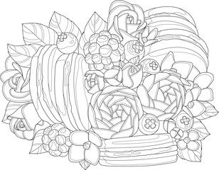 Realistic mix flowers, berries and sweets bouquet sketch template. Vector illustration with rose, peony and macarons in black and white for game, background, pattern, decor. Coloring paper, page, book