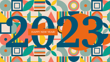 Happy New year 2023 Geometric banner. Greeting with numbers on geometry background pattern with simple geometry shapes. Template for flyer, web, cover, calendar, web, presentation, print