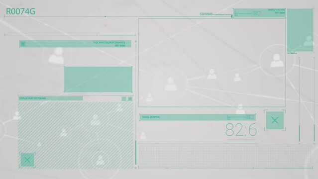 Animation of network of connections with people icons over grey interface