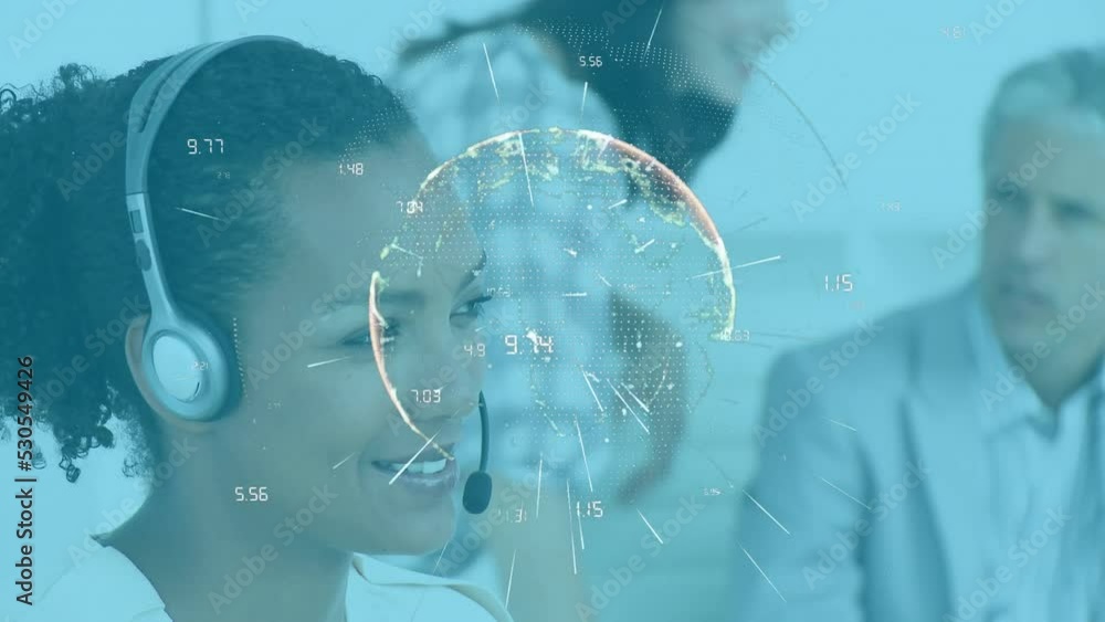 Poster animation of network of connections over globe rotating in working in globe rotating