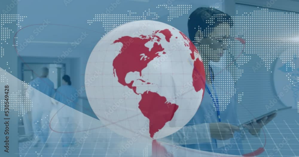 Poster animation of globe and envelope icons over data processing