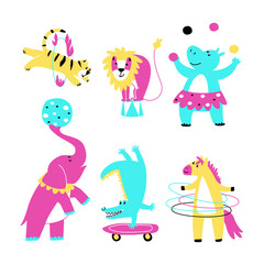 Obraz na płótnie Canvas Set of funny multicolored circus animals. Animal tricks with circus items. Crocodile, tiger, lion, elephant, horse, hippopotamus. flat vector illustration