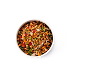 Lentil salad with peppers,onion and carrot in bowl isolated on white background. Top view. Copy space