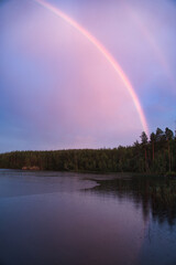 Rainbow reflected in the lake when it rains. on the lake reeds and water lilies.