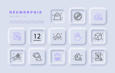 Sugar set icon. Bag, hand, cubes, tea, coffee, hot, cold, bowl, glass, cup, crossed out, sugar free, zero percent sugar, quality mark. Sweets concept. Neomorphism style. Vector line icon for Business