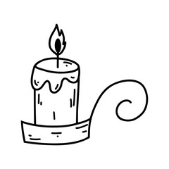 Hand drawn doodle burning candle in in a candlestick. Cartoon element, vector sketch illustration, line art for web design, icon, print, coloring page