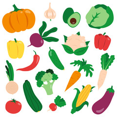 Collection of hand drawn doodle vegetables. Flat icons set isolated on a white background.