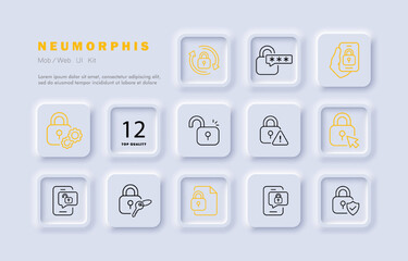 Locks for personal data protection set icon. Password, warning sign, key, synchronization, graphic key, unlock, cursor, security system, gear, shield. Privacy concept. Glassmorphism. Vector line icon