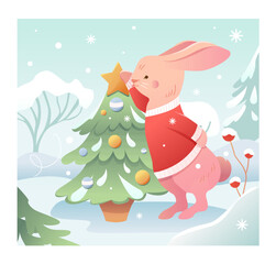 Bunny decorating christmas tree. Merry Christmas and Happy New Year. Winter character with decorations. Cute christmas seasonal vector illustration in cartoon style.