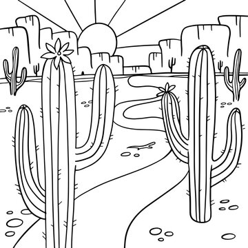 Coloring page with Blooming cactus in the Arizona desert. Coloring book antistress for children and adults. Zen-tangle style. Black and white drawing. Hand drawn vector linear illustration.