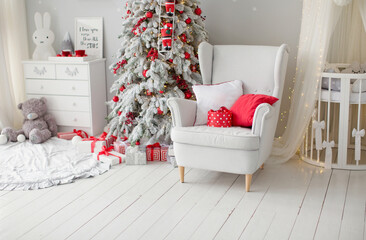 Interior with Christmas tree, armchair, crib © aprilante