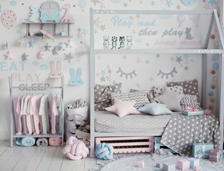 Cute kids room interior with bed