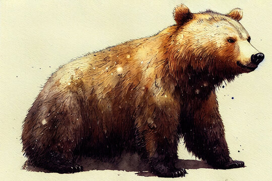Wild brown bear isolated watercolor. Illustration of grizzly on empty background. Watercolour on paper. Simple beautiful painting. Powerful animal. Wildlife in national park. Generative AI