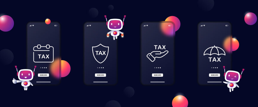 Tax set icon. Chart, analytics, income, salary, bomb, publican, sight, tax protection, time to pay taxes, calendar, black bookkeeping. Neomorphism style. Vector line icon for Business and Advertising