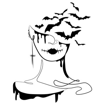 recommend clip art: Creepy surrealistic woman face with bats in head and sewn mouth.Halloween concept vector illustration.Gothic girl line drawing.Half female face with bats.Stylish fashionable t-shirt print, logo,tattoo