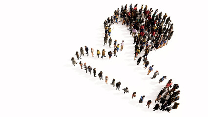 Concept or conceptual large gathering  of people forming an image of a human brain on white background.  A 3d illustration metaphor for science, intelligence, anatomy, neurology, brainstorming