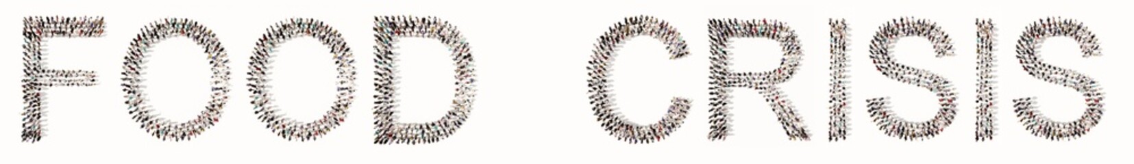 Concept or conceptual large community of people forming the FOOD CRISIS message. 3d illustration metaphor for food shortages  due to recession, war, higher oil and energy prices and drought