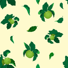 Seamless pattern with apple branches, apples and leaves on a pale yellow background