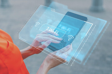 Wi-Fi standard 7. New wireless Internet technologies. Person holding a tablet