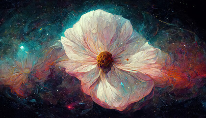 Abstract, beautiful galaxy illustration flower in cosmos, the universe in the background, artistic visualization fantasy fairy tail wallpaper with glowing stars and planets colorful futuristic concept