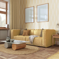 Fototapeta na wymiar Living room frame mock-up, farmhouse boho style in yellow and beige tones. Contemporary wallpaper, sofa and decors. Trendy interior design