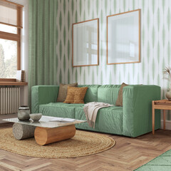 Living room frame mock-up, farmhouse boho style in green and beige tones. Contemporary wallpaper, sofa and decors. Trendy interior design
