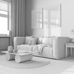 Total white project draft, farmhouse boho style. Contemporary sofa and decors. Trendy interior design