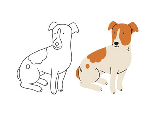 Cute jack Russell terrier Dog vector cartoon illustration. Hand-drawn dog in contemporary flat style, and line art. Cartoon animal, pet. The dog is sitting.