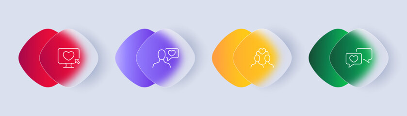 Dating app set icon. Website, meeting, heart, feeling, love, like button, cursor, finger, speech bubble, couple. Long distance relationships concept. Glassmorphism style. Vector line icon for Business